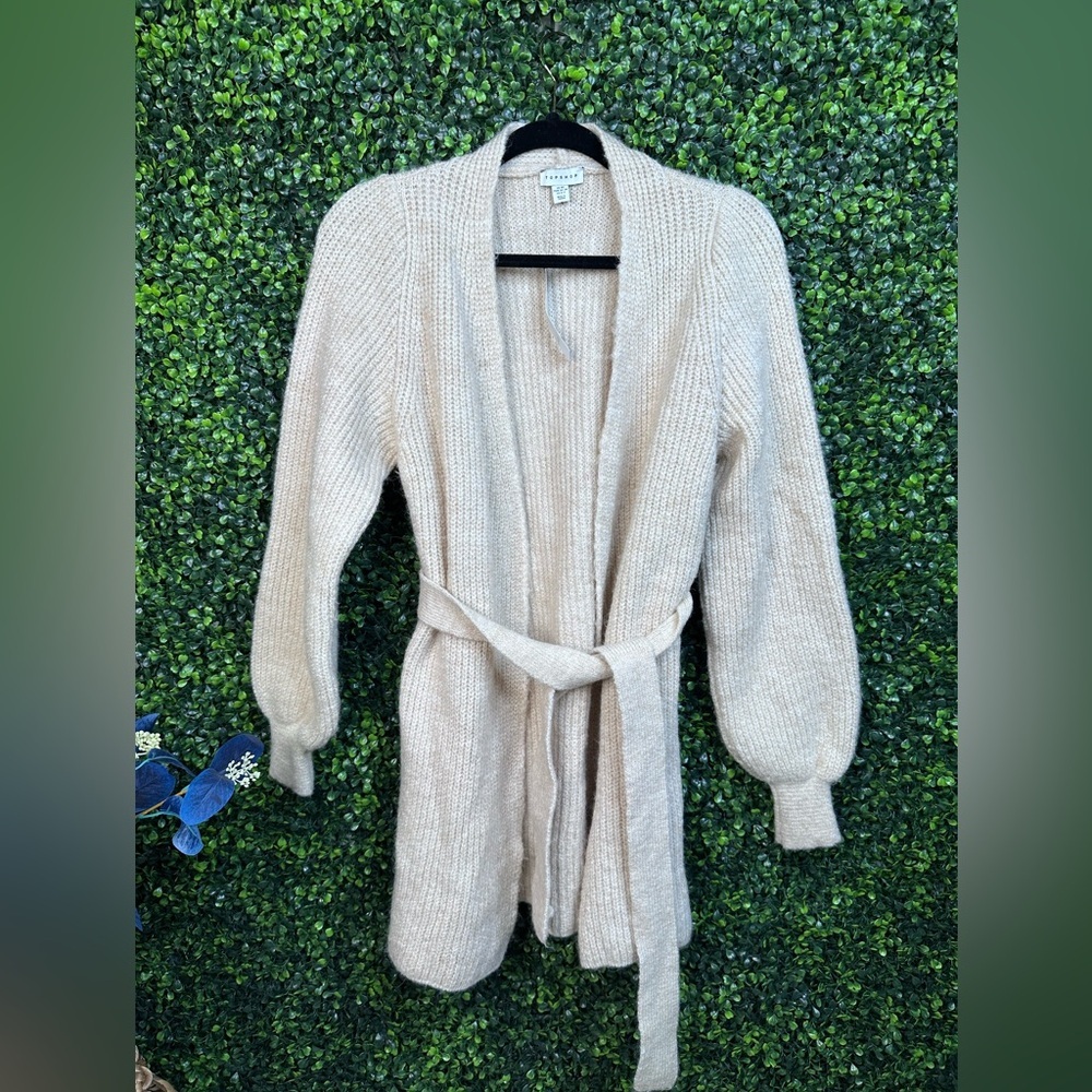 Top shop wool blend knit baloon sleeve belted oatmeal cardigan nwt